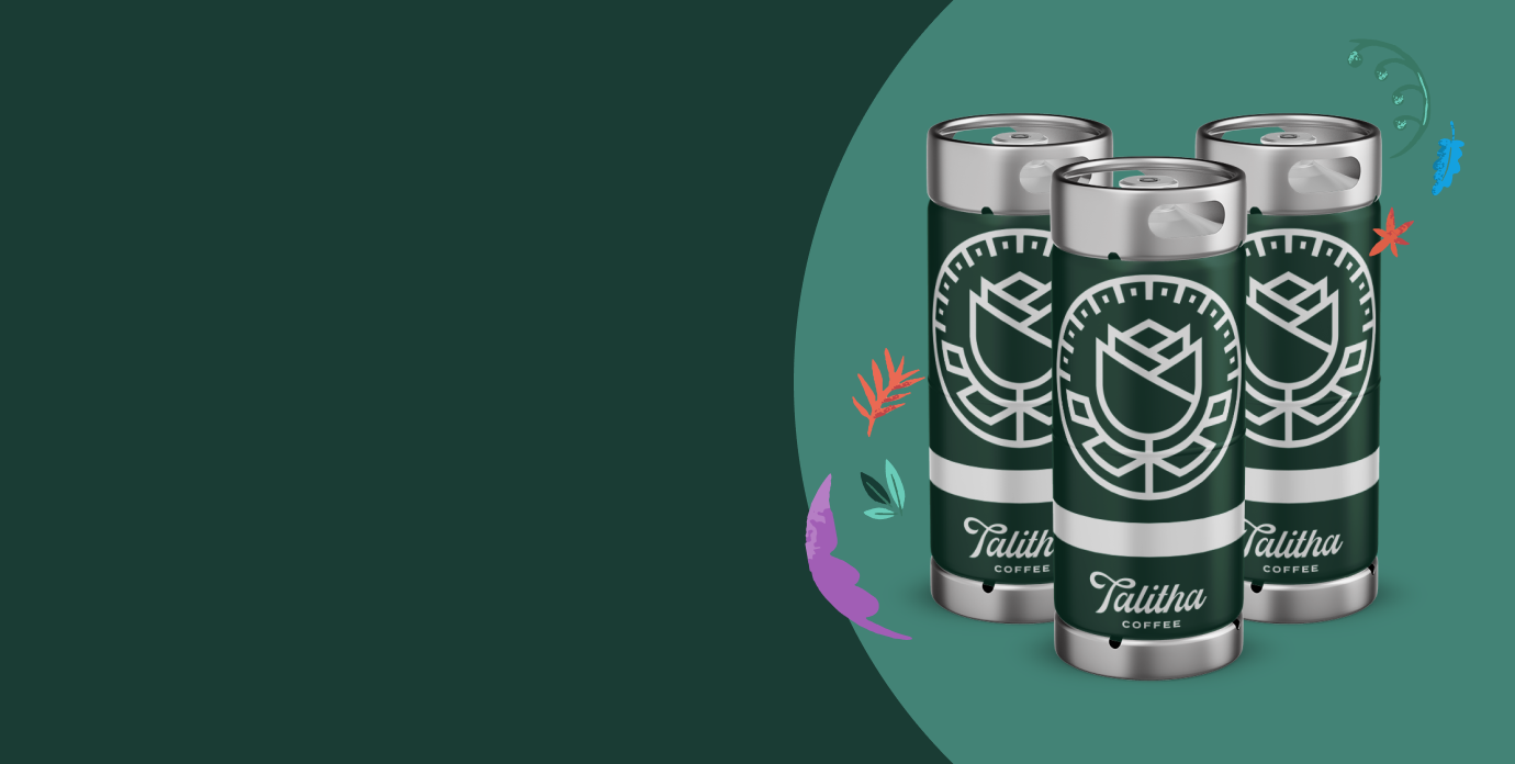 Talitha Cold brew kegs on green background