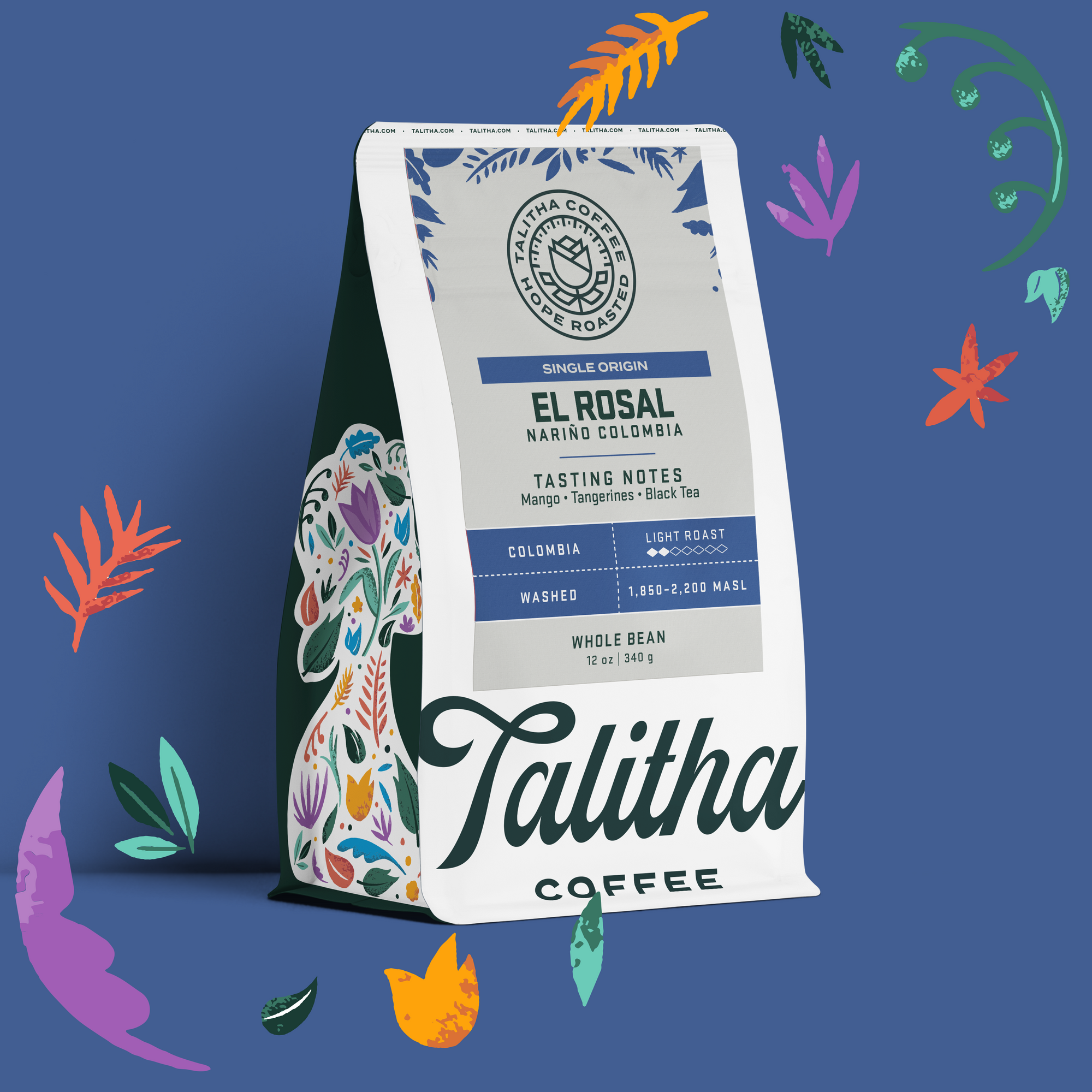 Bag of Talitha Single Origin Colombia El Rosal with blue and floral background