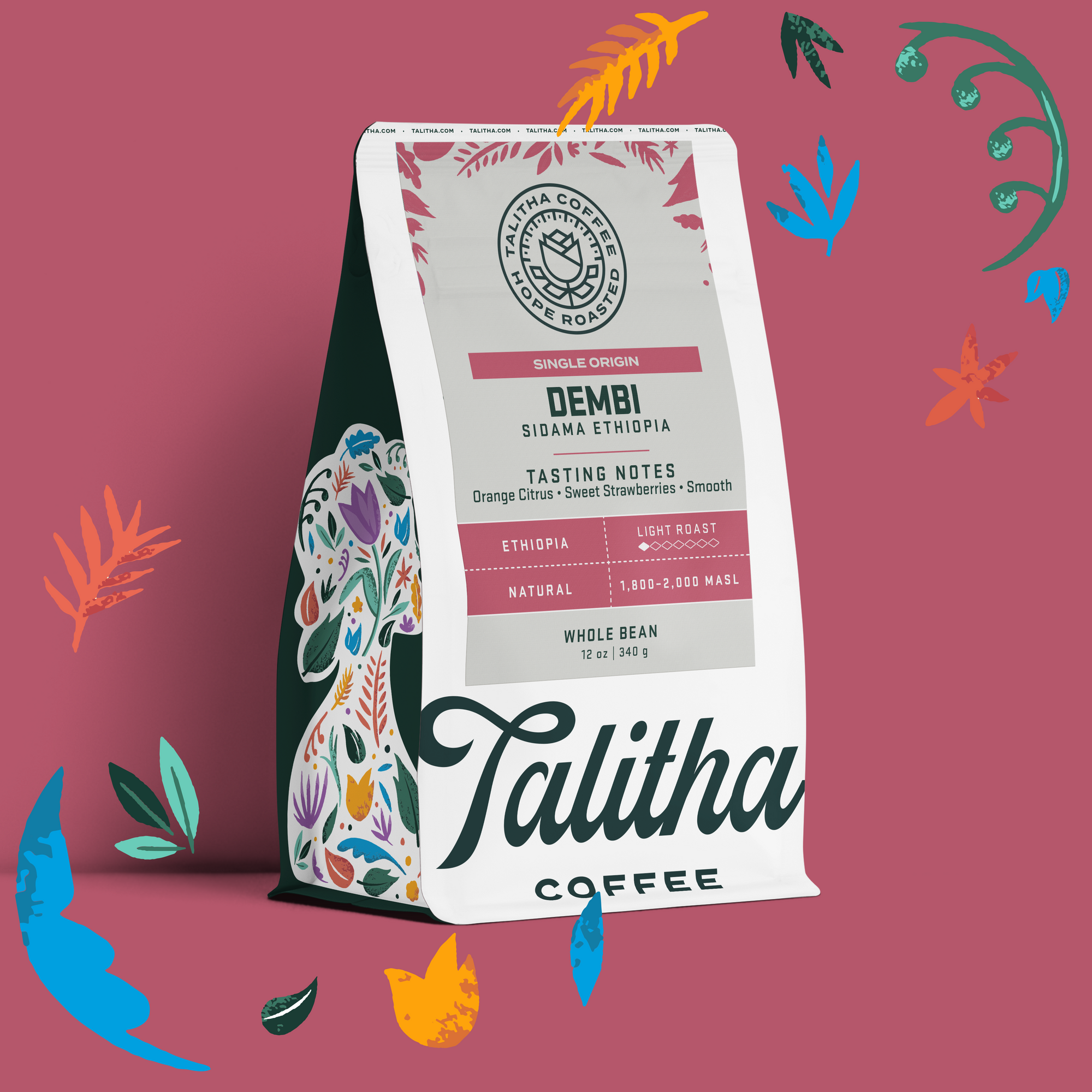 A bag of Ethiopia Dembi with a floral background