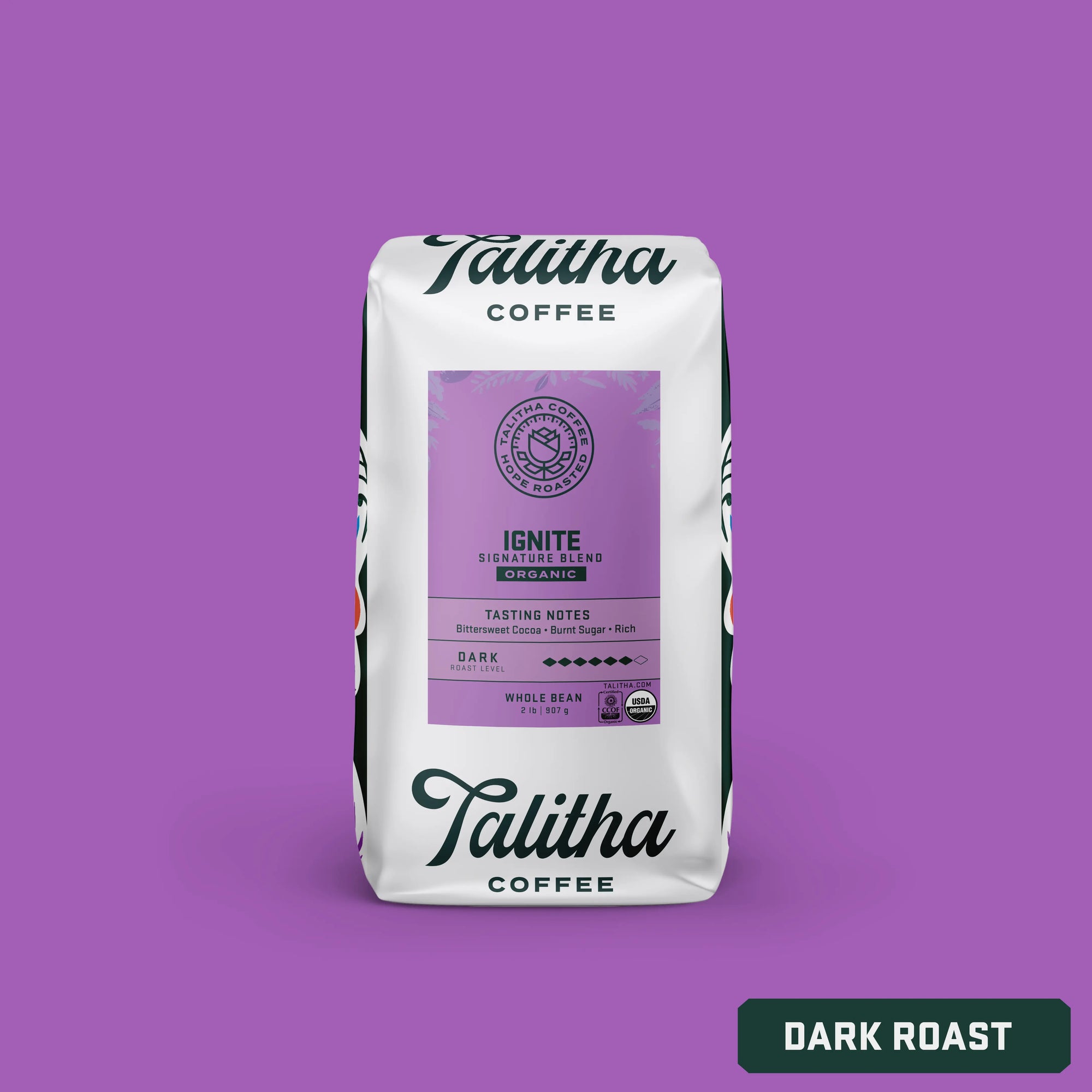 2 lb bag of dark roast Talitha Ignite blend organic on purple background