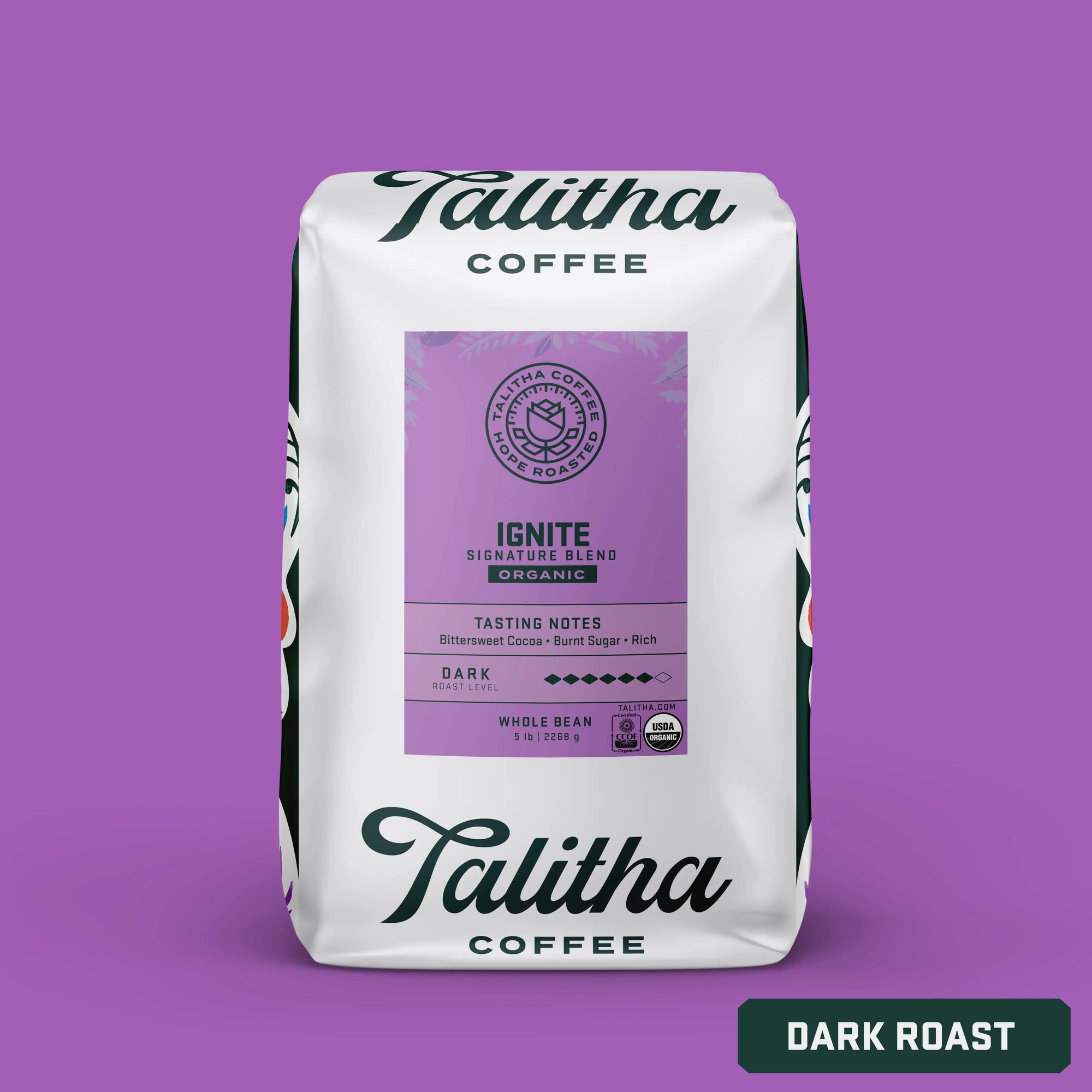 5 lb bag of Talitha Ignite blend organic dark roast coffee on purple background