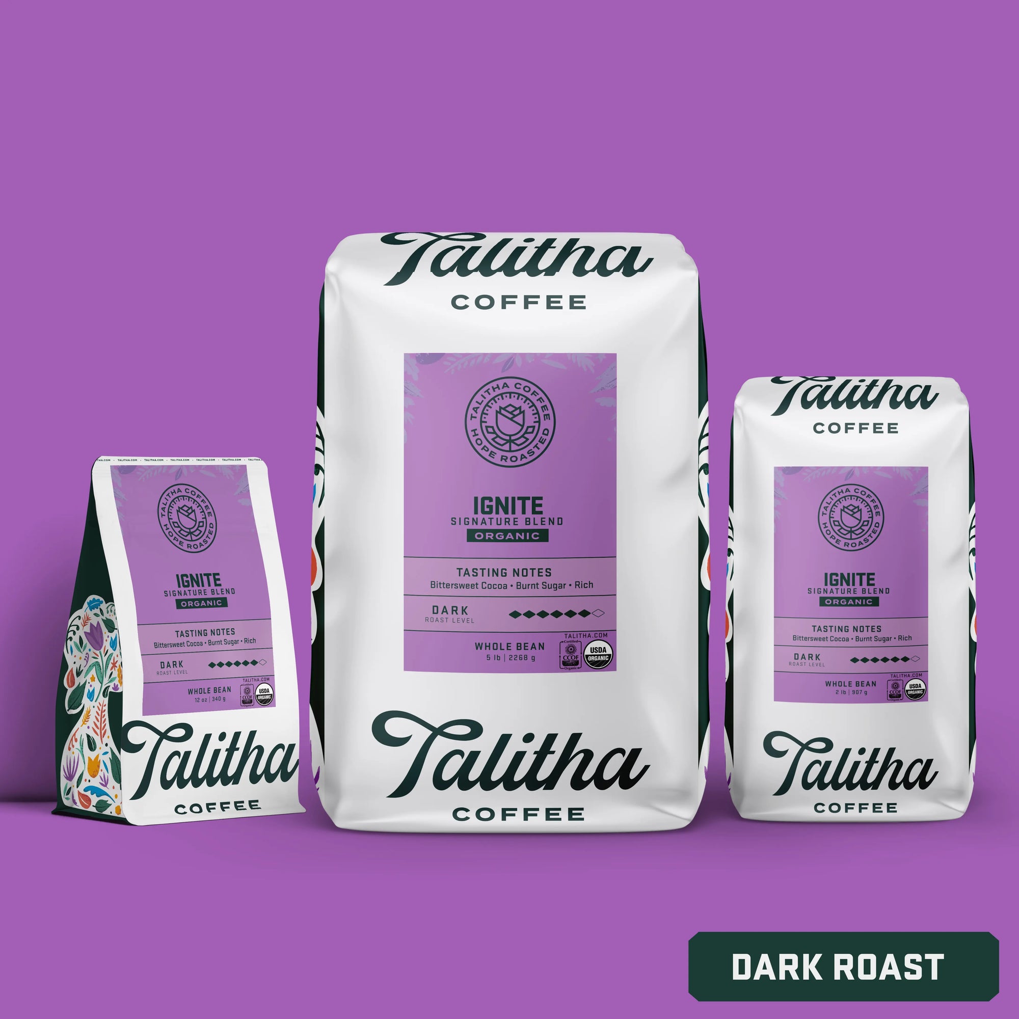 Multiple bags of Talitha Ignite blend on purple background