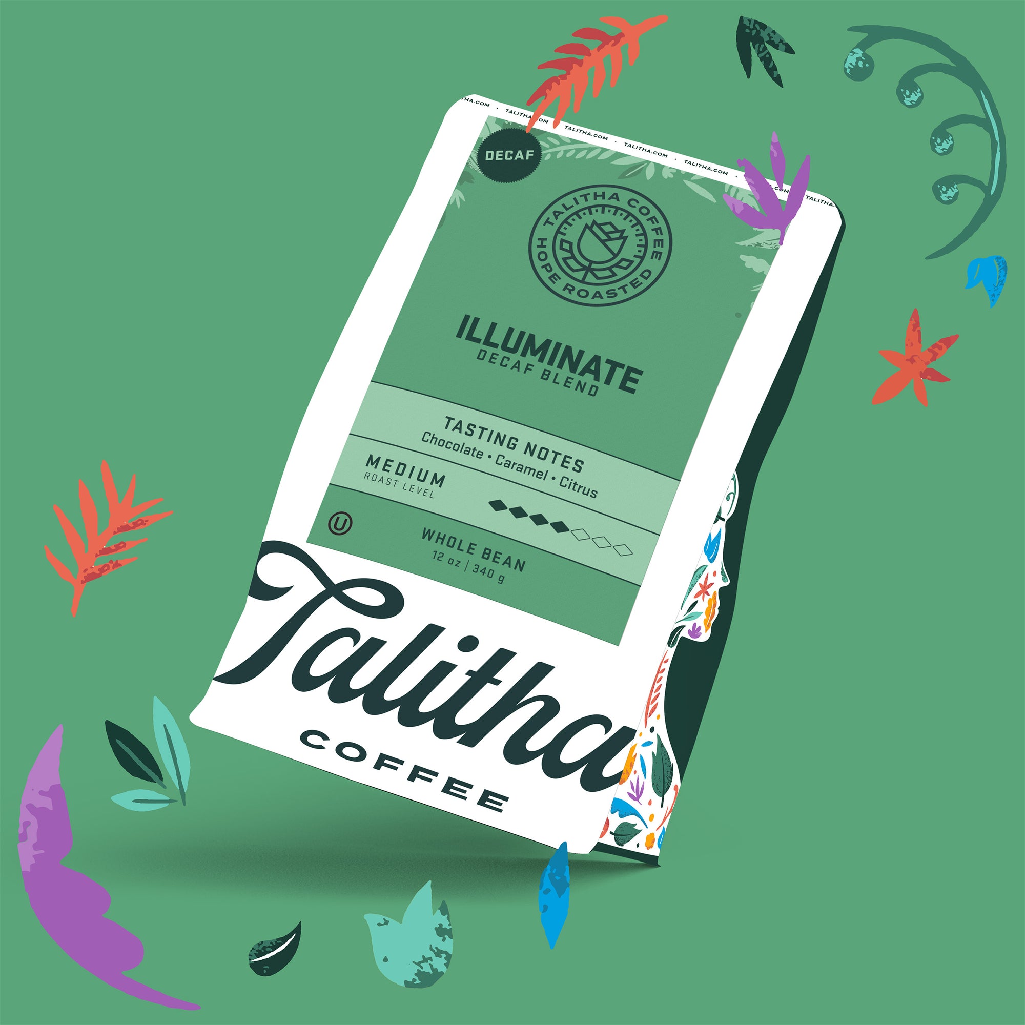 Illuminate Blend image on a green background with colorful leaf decorations