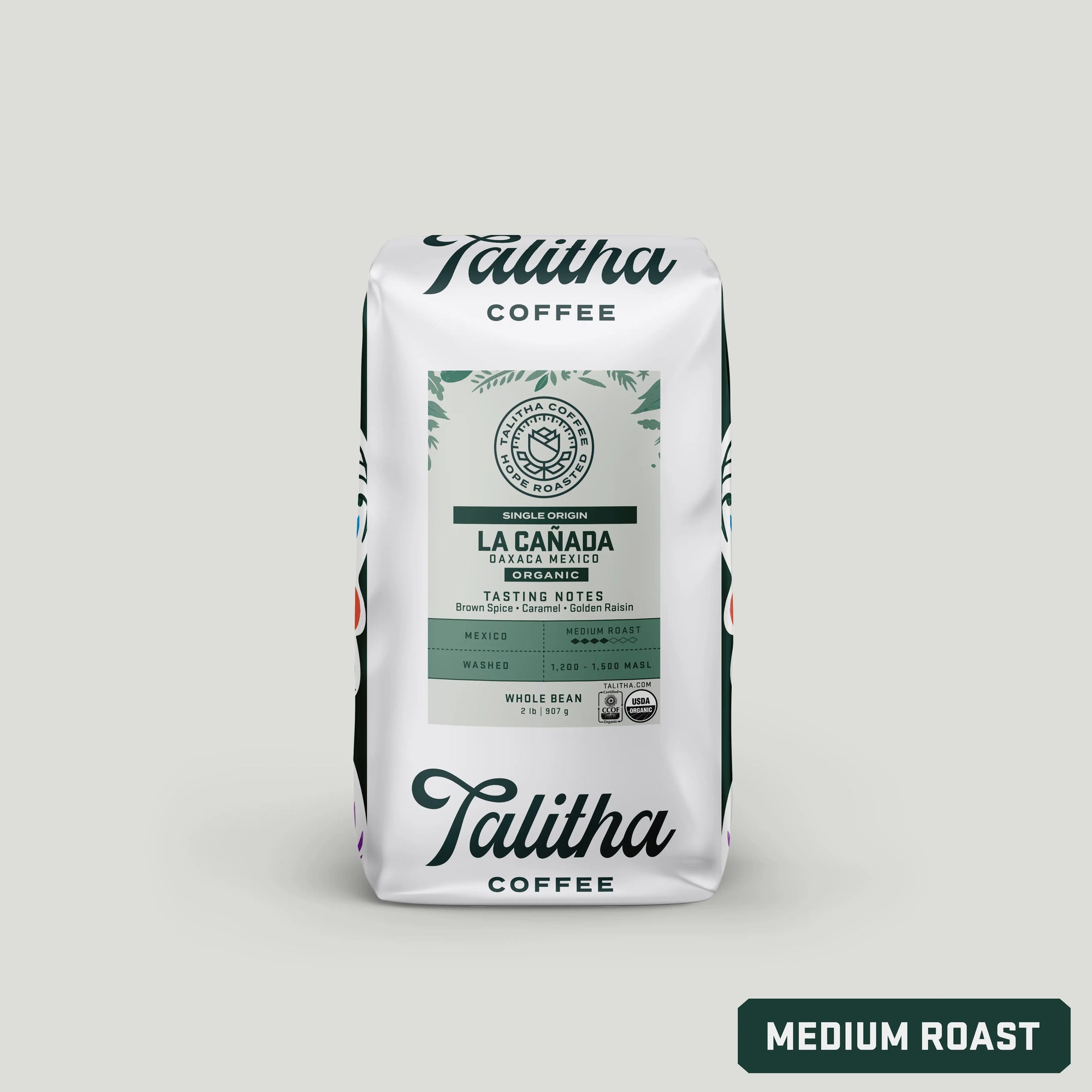 2 lb bag of Talitha Mexico Single Origin Organic medium roast coffee on white background