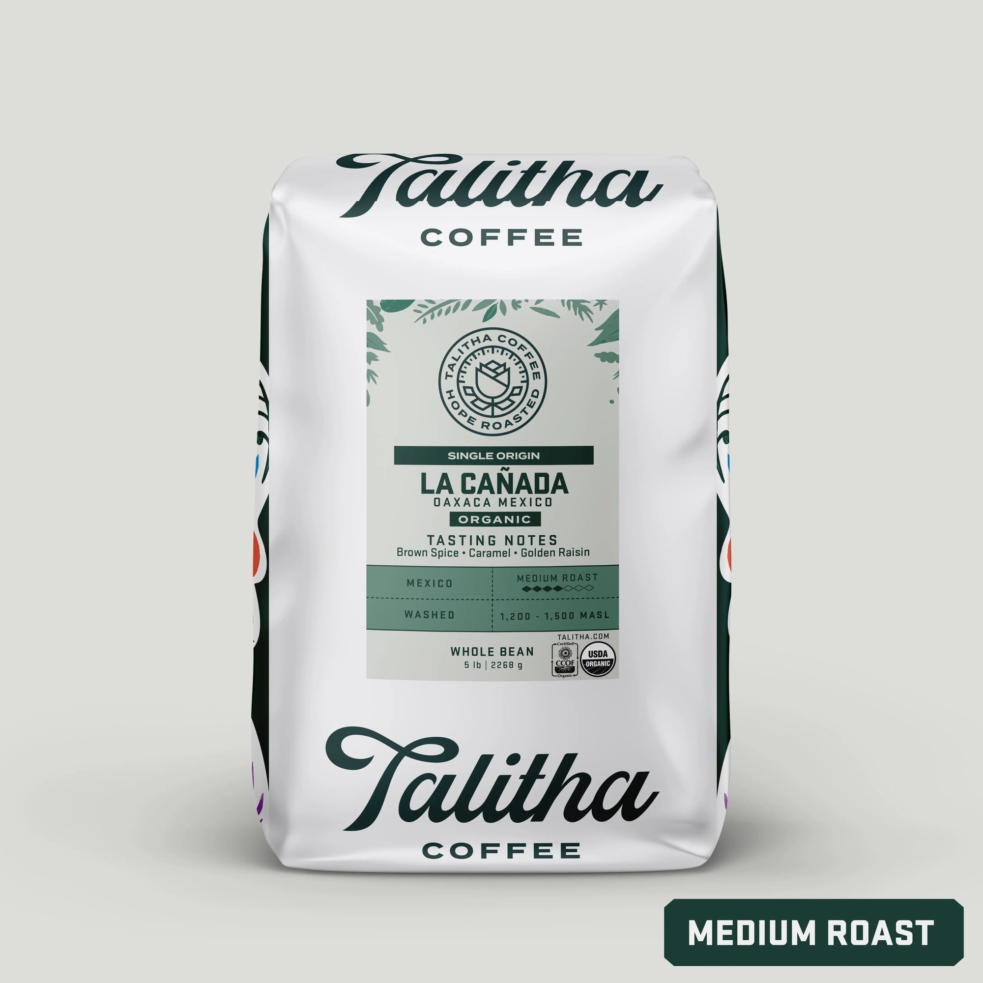 5 lb bag of Talitha Mexico Single Origin Medium roast organic coffee on white background