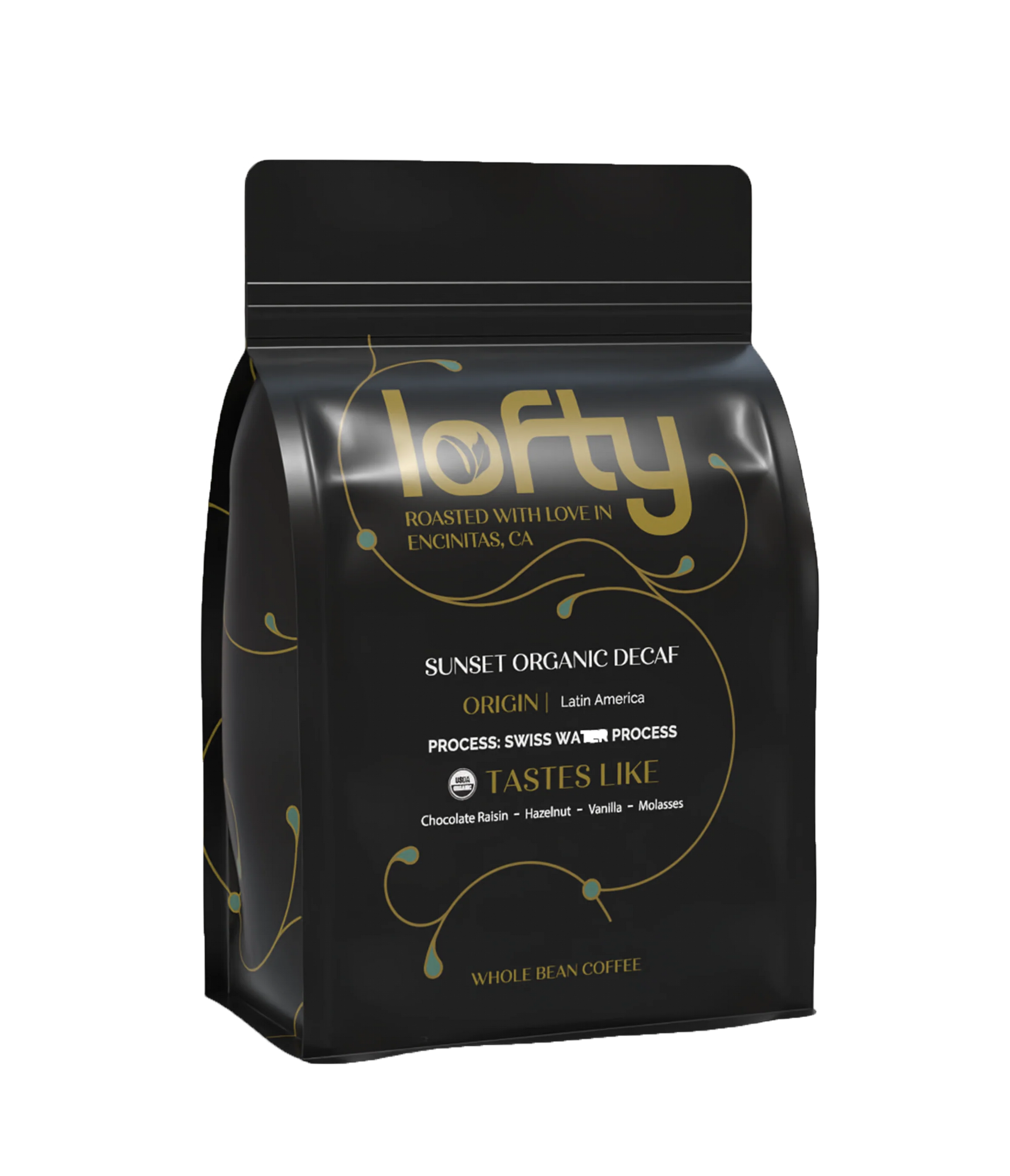 Lofty Sunset Organic Decaf bag on white background