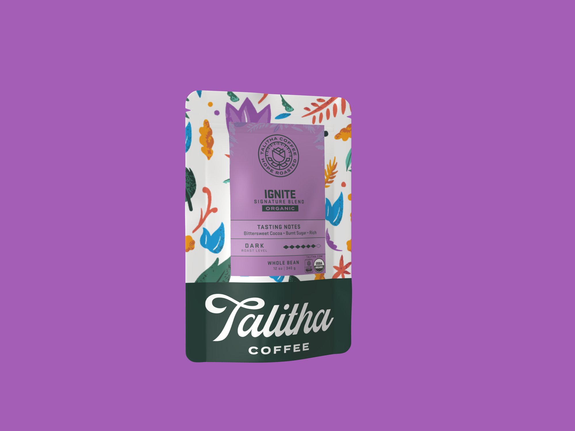 4 oz sample bag of Talitha Ignite blend on purple background