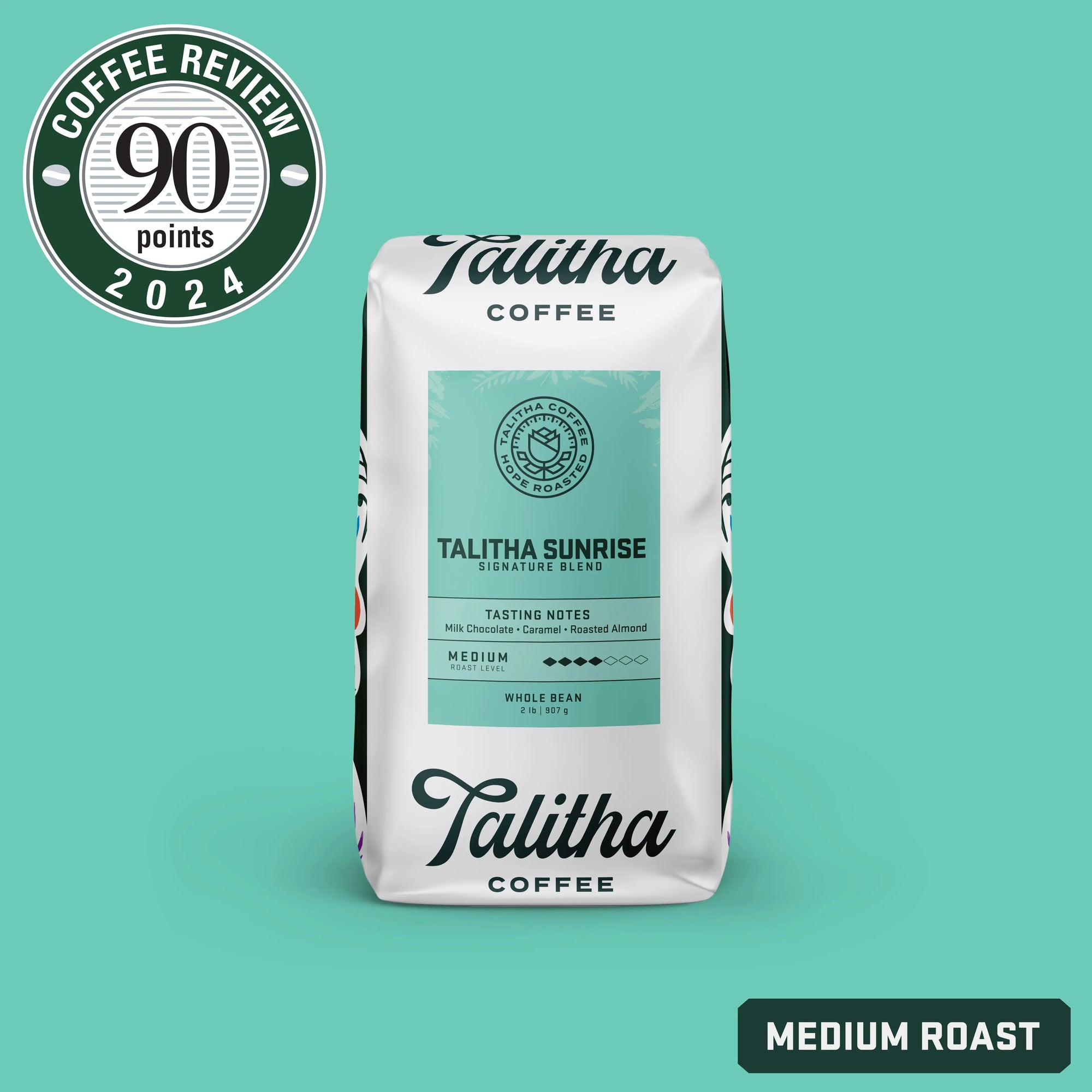 2 lb bag Talitha Sunrise blend on teal background