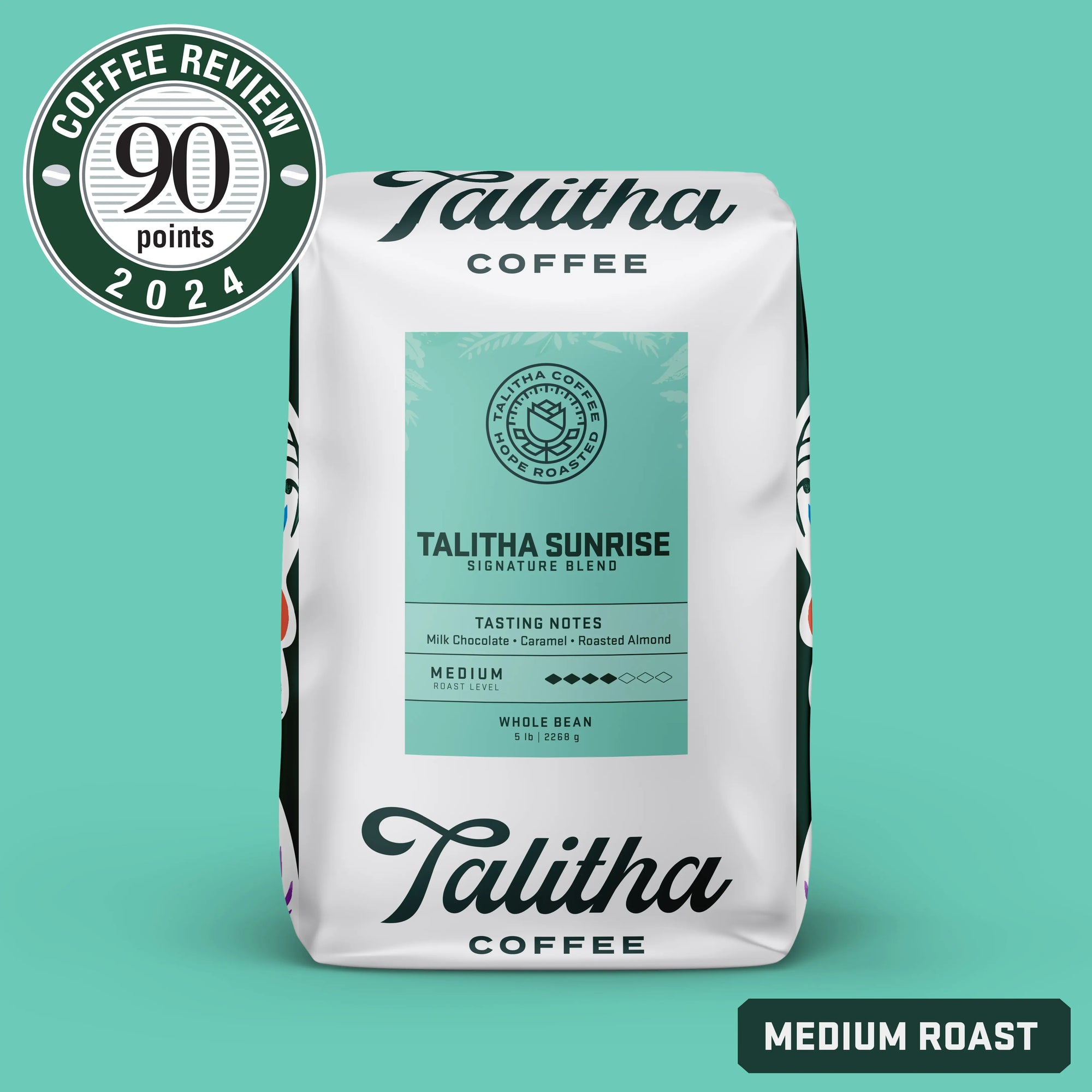 5 lb bag Talitha Sunrise blend on teal background