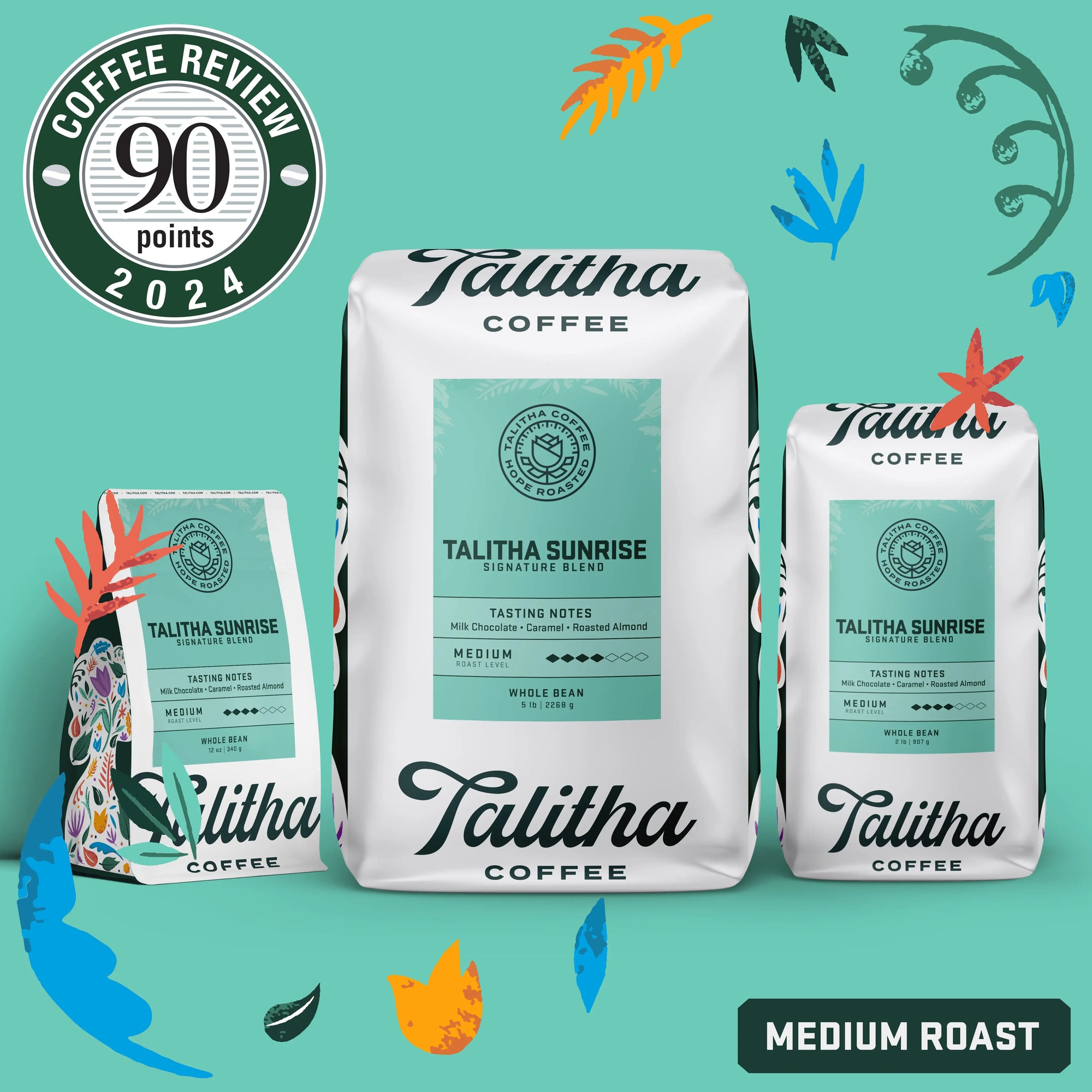 Multiple bags of Talitha Sunrise blend on teal background