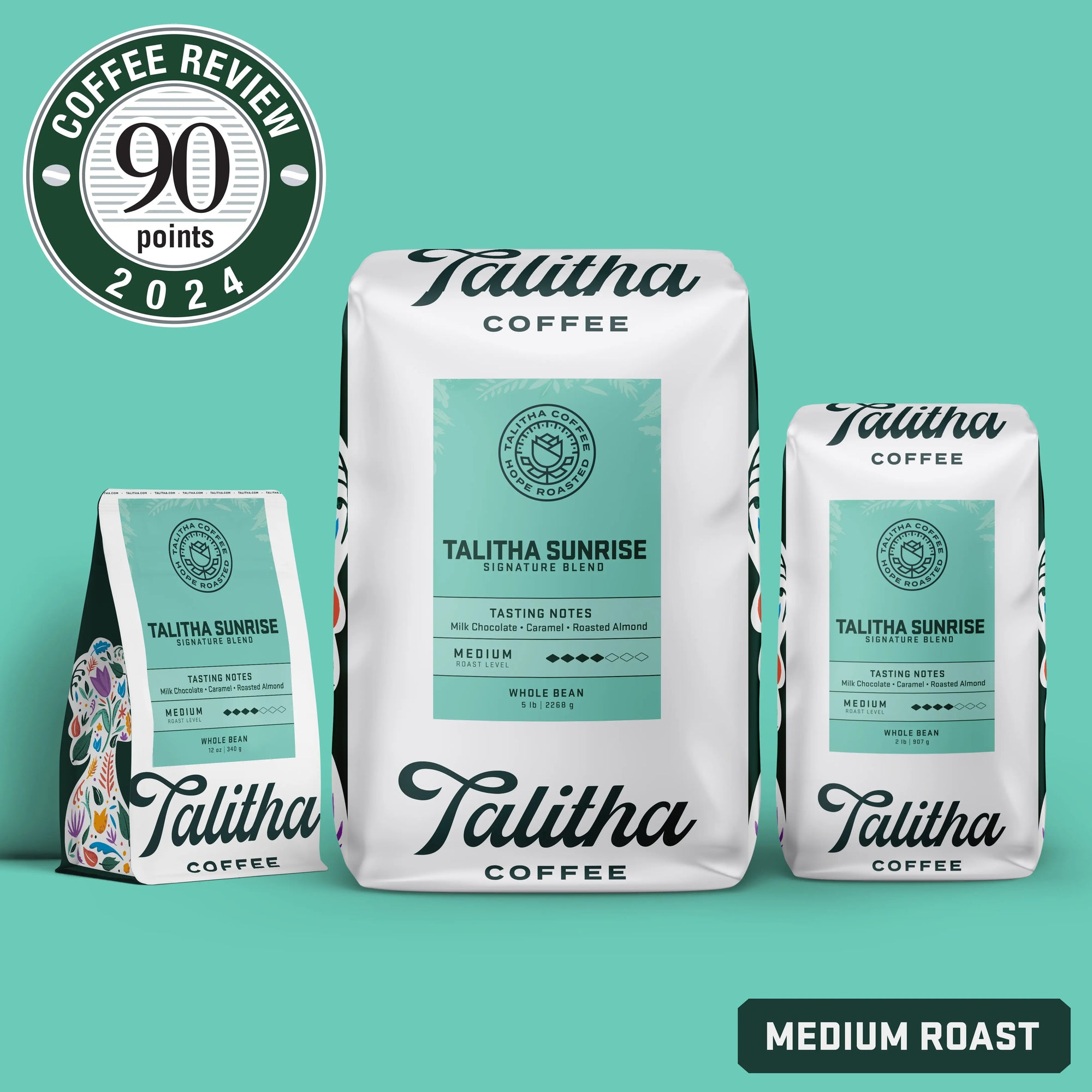 Multiple bags of Talitha Sunrise blend on teal background