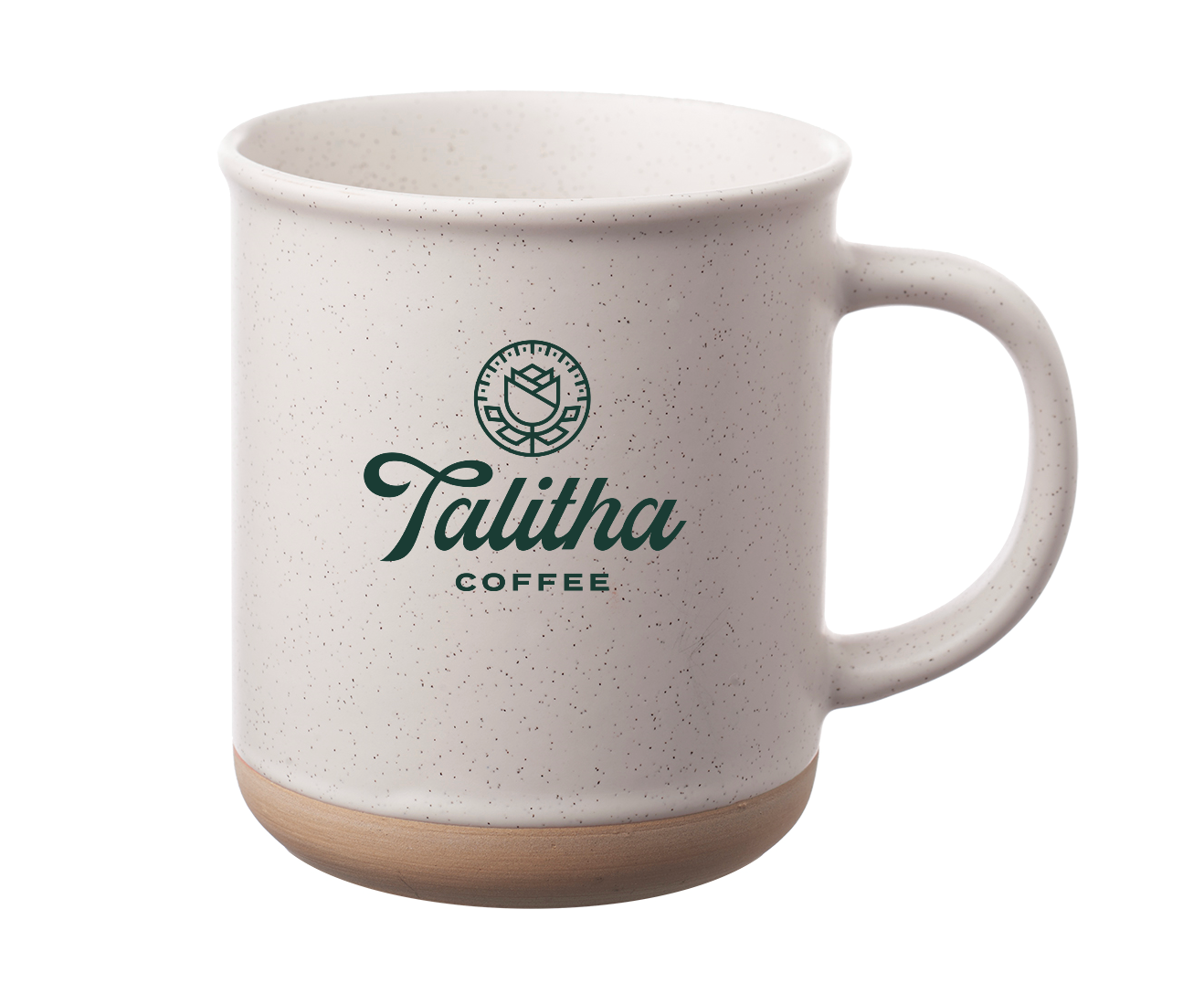 Speckled beige ceramic mug with 'Talitha Coffee' logo on a white background