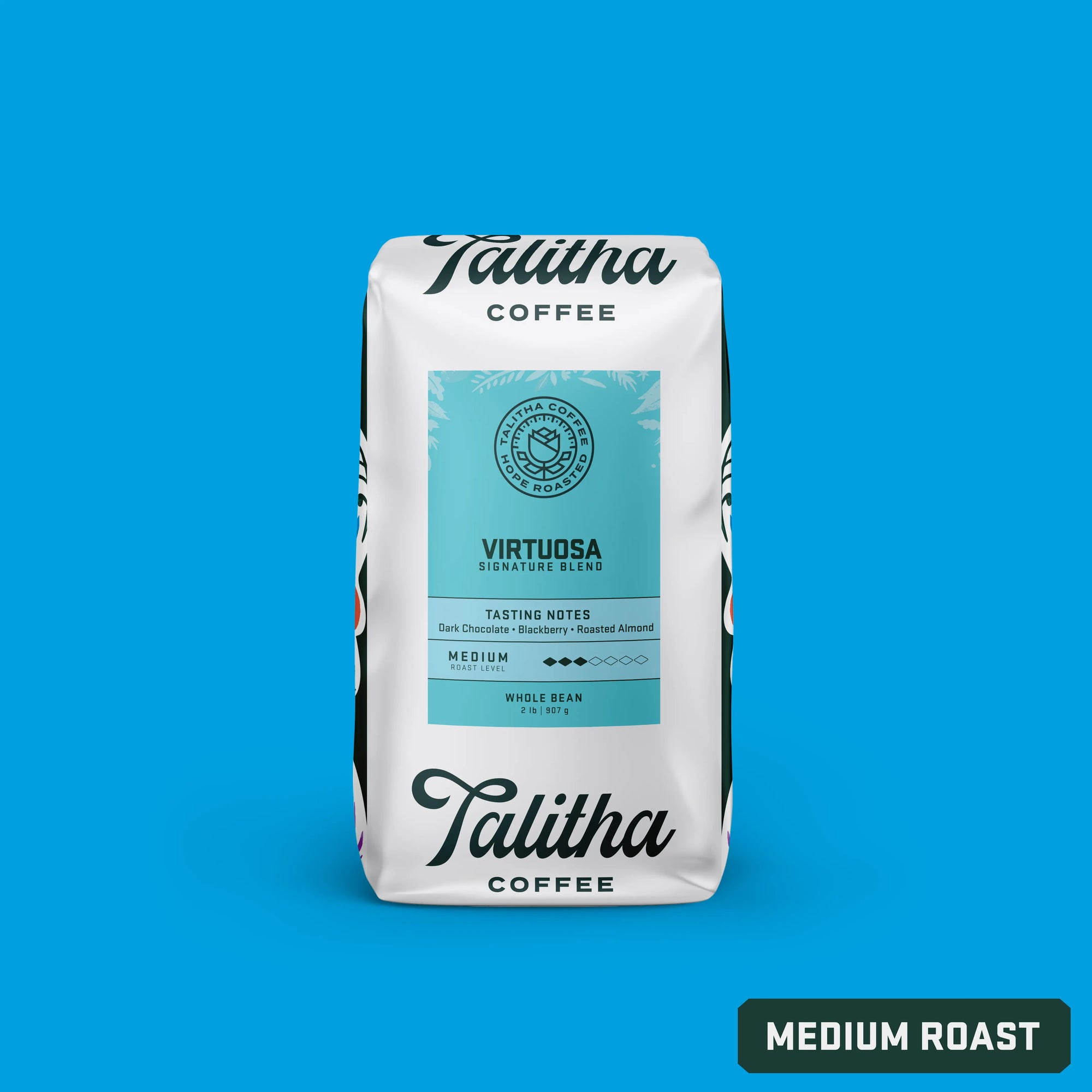 5 lb bag of Talitha Virtuosa medium roast signature blend on blue background