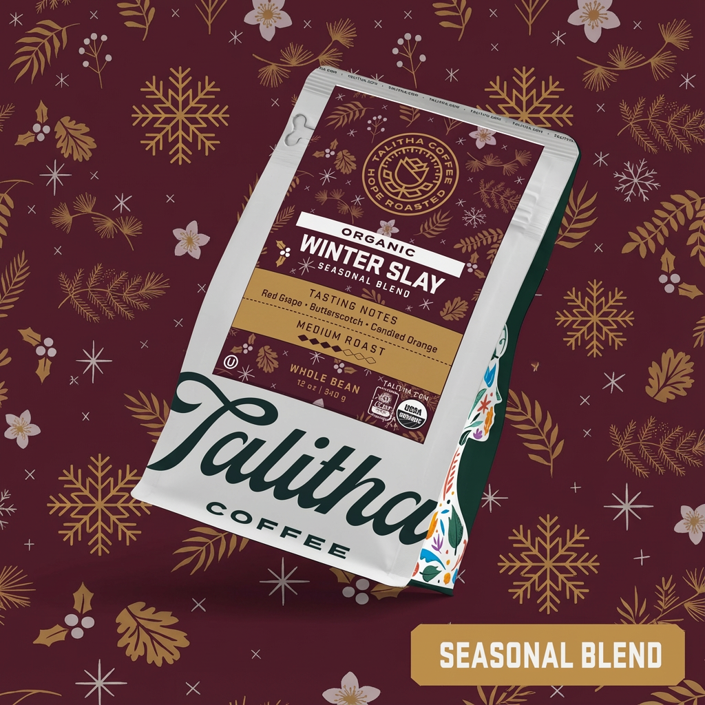 Talitha Coffee 'Winter Slay' seasonal blend package with snowflakes and leaves.