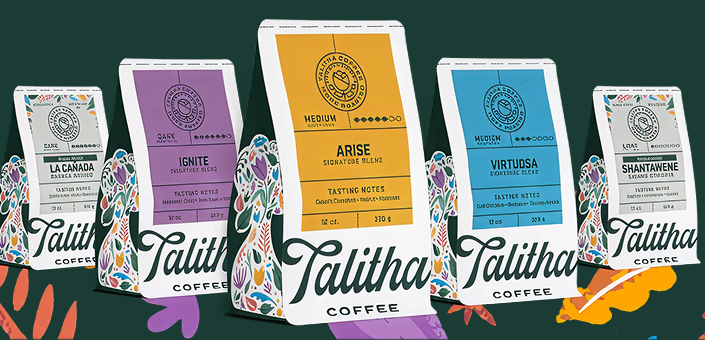 Collection of Talitha Coffee bags with colorful labels