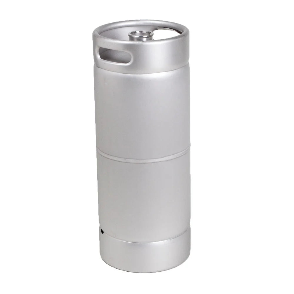 A silver keg with a valve on the top and a connection point at the bottom.